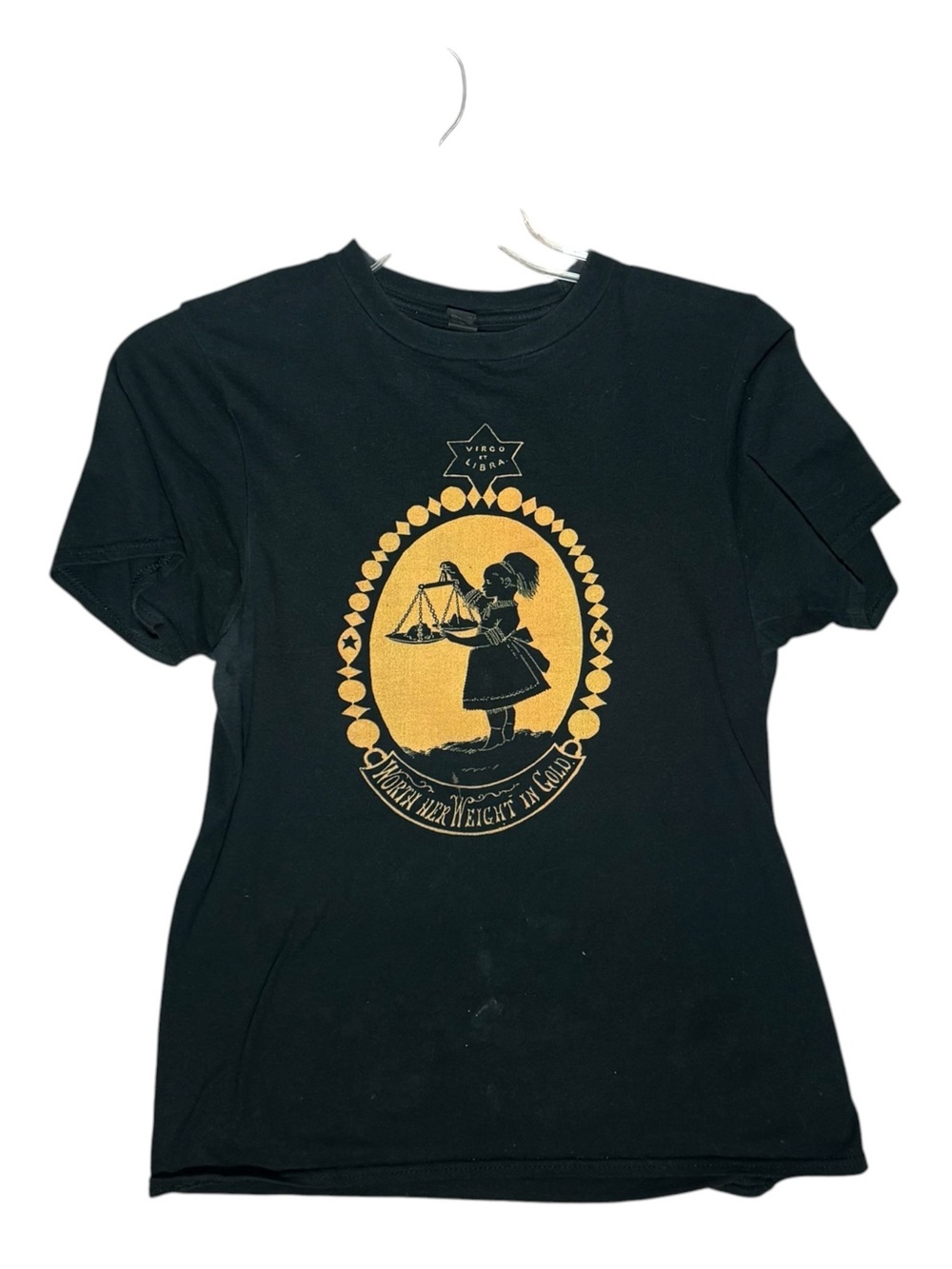 Vintage Black Gold Graphic Libra Astrology Zodiac Womans Size Small Tee